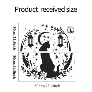 Detailed sheet dimensions of black cat and moon silhouette wall stickers for home decor