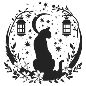 Cat starry silhouette wall sticker with crescent moon and floral wreath ornament