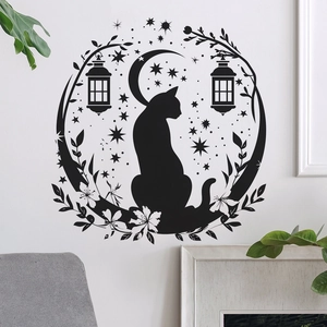 Black Cat Silhouette Moon Stars Wall Sticker Vinyl Decorative Decal For Living Room Bedroom Home Decor Modern Art Floral Mural