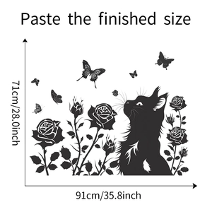 Detail showing wall sticker dimensions 71x91cm with black cat silhouette and roses