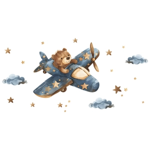 Cartoon teddy bear piloting a blue airplane wall decal with stars and clouds décor