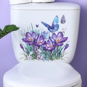Floral toilet sticker with purple crocuses and blue butterflies for bathroom wall decor