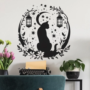 Black cat silhouette wall sticker with crescent moon and stars in a round poetic design