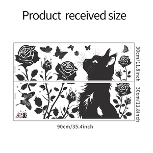 Detailed dimensions of creative black cat and rose silhouette wall sticker 90x60cm