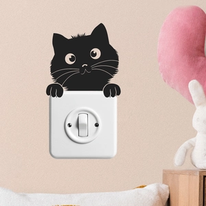 Cartoon black cat wall sticker for light switch decor in cute minimalist style