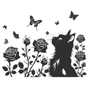 Minimalist black cat silhouette wall sticker with roses and butterflies for home decoration