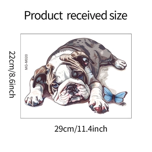 Detailed size specifications for the puppy and blue butterfly bathroom wall sticker decal