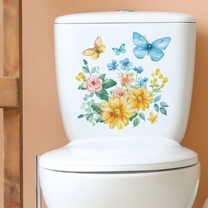 Colorful floral toilet stickers with sunflowers, roses and butterflies for bathroom decor