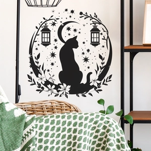 Artistic cat silhouette wall sticker with stars and moon for home living room decor