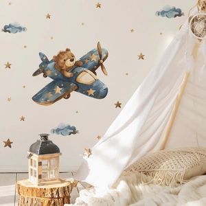 Cartoon bear flying plane wall decals with watercolor stars and clouds for kids' room