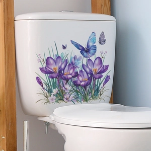 Waterproof PVC toilet sticker featuring purple flowers and blue butterflies for bathroom decor