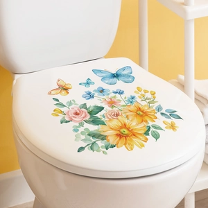 Floral toilet lid sticker with colorful sunflowers and butterflies for bathroom decor