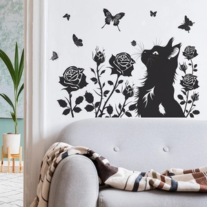 Artistic black cat silhouette wall sticker with roses and butterflies for home decor