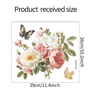 Detailed size chart for MG-M063 peony and butterfly self-adhesive floral wall sticker