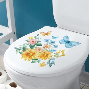 Floral toilet lid sticker with sunflowers and butterflies for bathroom decoration