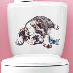 Detail of waterproof PVC sticker with realistic bulldog and blue butterfly on toilet tank