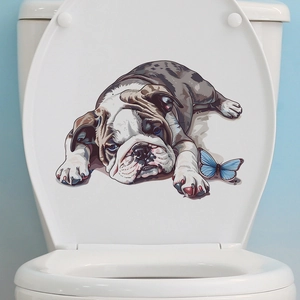 Creative bulldog and blue butterfly waterproof toilet lid sticker for bathroom decoration