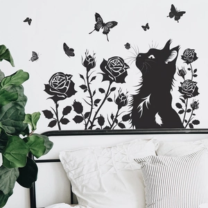 Artistic black cat silhouette wall sticker with roses and butterflies for bedroom decor