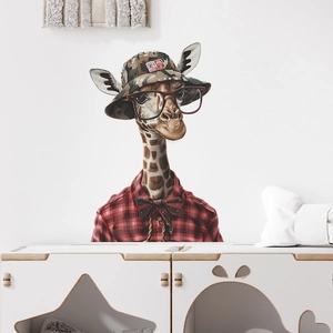 Sticker Mural Créatif Girafe Dessin Animé Avec Lunettes Chapeau PVC Décalcomanie Animale Décorative pour Chambre Enfant