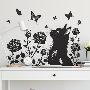 Creative black cat silhouette and rose wall stickers set for elegant living room decor