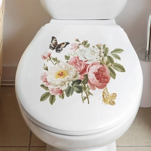 Realistic pink roses and butterflies toilet seat cover decal for bathroom decoration
