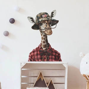 Sticker mural girafe créative avec lunettes et bob pour décoration de chambre d'enfant