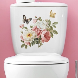 Adhesive toilet sticker featuring realistic pink rose flowers and butterflies on a white tank