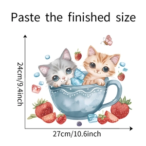 Detail of cartoon cats in teacups wall sticker showing 24x27cm application size