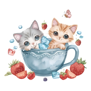 Cartoon tea cup kittens and strawberries wall stickers for kitchen home decor