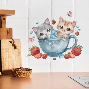 Cartoon Cat In Teacup With Strawberries PVC Wall Sticker Waterproof DIY Decor For Kitchen Dining Room Home Wall Decal