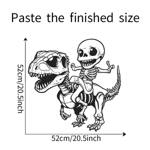 Detailed dimensions of the skeleton riding a dinosaur wall decal measuring 52cm by 52cm
