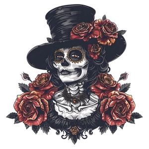 Halloween Day of the Dead skeleton princess wall sticker with red roses and top hat