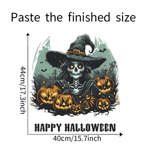 Halloween wall sticker with skeleton witch and pumpkins, size details 44x40cm