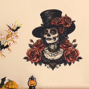 Skull princess wall sticker with red roses and hat for Halloween home decoration