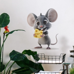 3D Comic Maus mit gelbem Käse Wandtattoo auf einer minimalistischen weißen Zimmerwand