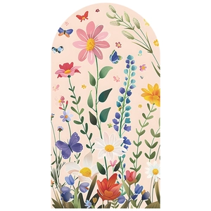 Arch wall decal with colorful hand-painted flowers and butterflies on light pink backdrop