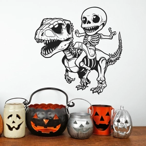 Cartoon skeleton riding dinosaur wall decal for Halloween home and party decoration