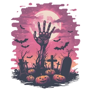 Halloween cartoon cemetery wall sticker featuring zombie hands, pumpkins, and a large moon