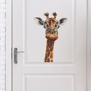 Detail of cute giraffe wall sticker applied on a white vintage wooden door background