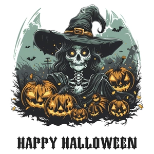 Halloween skeleton witch wall sticker with glowing pumpkins and Happy Halloween greeting