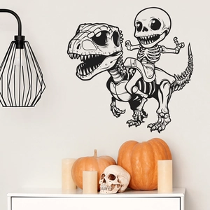 Cartoon skeleton riding dinosaur wall sticker in black for bedroom and living room decor