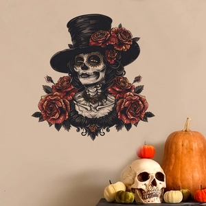 Detail of Day of the Dead wall sticker with skeleton princess and red roses decoration