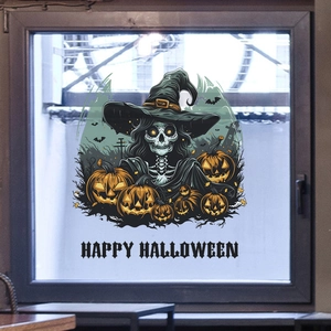 Mockup of Halloween witch skeleton and pumpkin wall sticker on glass window frame