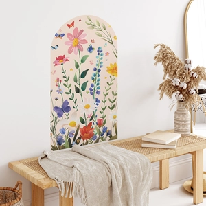 Arch wall decal with floral and butterfly illustration in cozy home living room