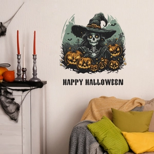 Halloween wall sticker with skeleton witch and pumpkins for living room decor