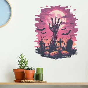 Halloween wall sticker with zombie hand, pumpkins, and bats for home living room decor