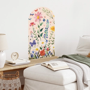 Detailed view of floral arch wall sticker featuring colorful blooms and butterflies