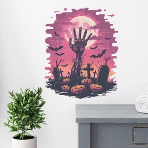 Detailed view of Halloween spooky graveyard wall sticker with zombie hand and pumpkins