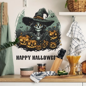 Halloween skeleton witch and pumpkin wall decals with Happy Halloween text for home decor