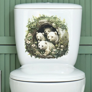 Detail of cute polar bear cub toilet stickers with white daisies on a bathroom tank